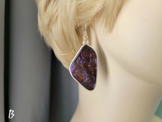 Natural Sugilite Stone Statement Earrings, Handmade Rare Gemstone, Sterling Silver Artist Detail, Purple Stone Statement Designer Earrings