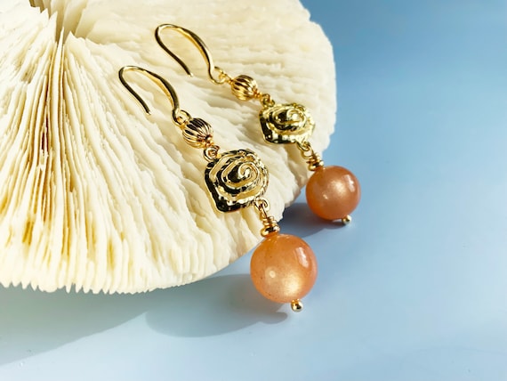 Natural Sunstone Earrings | Crystal Dangle Earrings With Gold Charm
