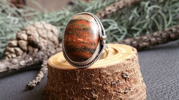 Natural Unakite Gemstone Ring, Charming 925 Sterling Silver Ring, Handmade  Modernist Artisan Adjustable Gift Idea For Women Her Men Him