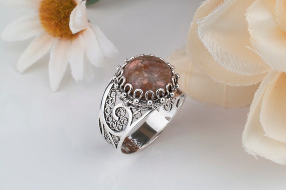 Natural Unakite Ring, 925 Sterling Silver Genuine Unakite Meditation Gemstone Handmade Artisan Crafted Ring Women Jewelry Gift Boxed For Her