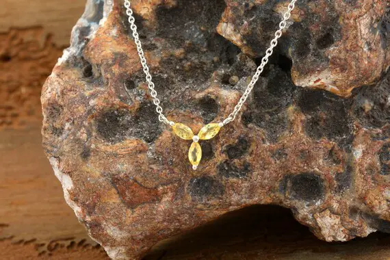 Natural Yellow Sapphire Necklace, 14k Solid White Gold Sapphire 3 Stone Necklace, 4x2 Mm Marquise Cut Sapphire Leaf Necklace, New Year Sale