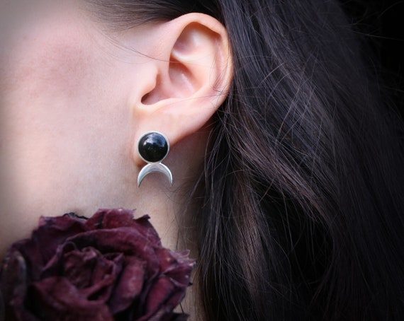 Obsidian Moon Earrings - Sterling Silver Obsidian Earrings - Celestial Earrings