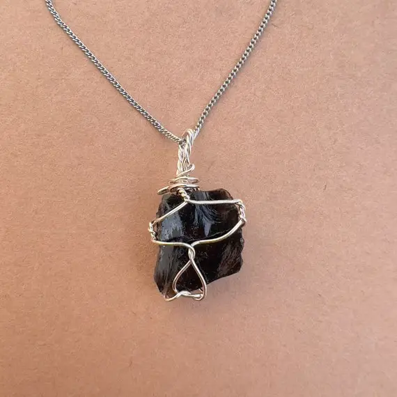 Natural Raw Obsidian Necklace | Wire Wrapped With 925 Sterling Silver | Rough Obsidian Stone Necklace