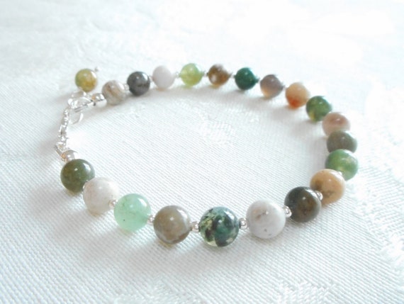 Ocean Jasper Bracelet, Sterling Silver Gemstone Jewelry, Multicolor Stone Bead Adjustable Bracelet - Green Brown Rust Gray White Tan Beads