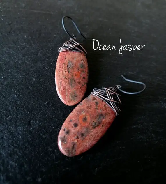 Ocean Jasper Earrings Mixed Metals Earrings Oxidized Silver And Copper Earrings Healling Art Natural Jasper Rustic Earrings Artisan Earrings