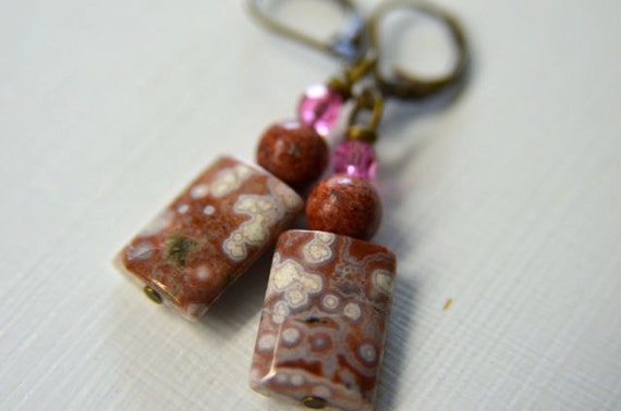 Ocean Jasper Earrings - Sienna Brown And Pink Natural Stone Dangle Earrings