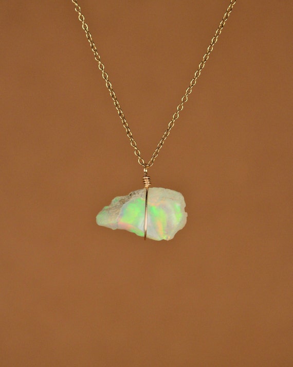 Opal Necklace - Raw Opal - Genuine Opal - Natural Opal - A Raw Genuine Opal Wire Wrapped Onto A 14k Gold Filled Chain