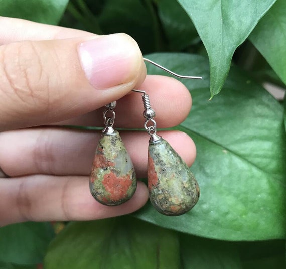 Pair,natural Unakite Stone Drop Earrings,raw Red Green Jasper Gems Droplets Nugget Silver Earrings,handmade Crafts Fashion Jewelry