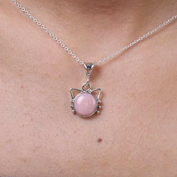 Pink Opal Pendant, 925 Sterling Silver Pendant, Natural Gemstone Pendant, Cat Pendant, Boho Pendant, Pendant For Women, Silver Necklace