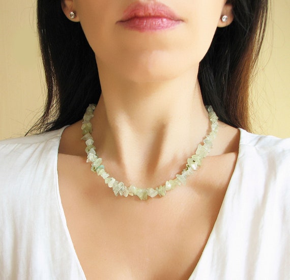 Prehnite Crystal Necklace, Beaded Gemstone Necklace, Prehnite Jewelry, Chip Necklace, Beaded Choker