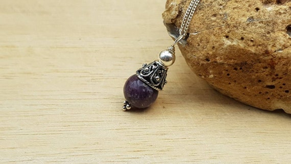 Purple Lepidolite Pendant. Bali Silver Beads. Reiki Jewelry Uk. Libra Jewelry. Minimalist Cone Necklace