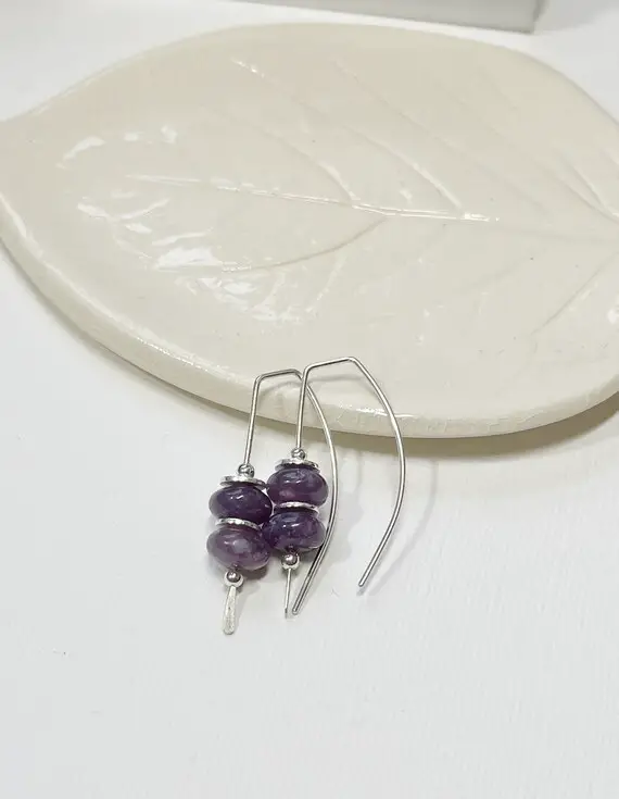 Purple Lepidolite Sterling Silver Earrings- Sundance Style- Rectangle Geometric Shape- Hand Hammered- Modern Gemstone Earrings- Handmade