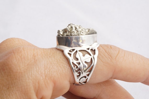 Pyrite Raw Cut Gemstone "fool's Gold" Silver Sparkly Sharp Statement Ring