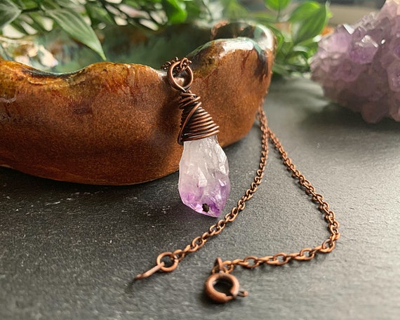 Raw Amethyst Necklace For  February Birthday, Raw Birthstone Necklace, Copper Jewellery For 7th Anniversary Gift For Wife