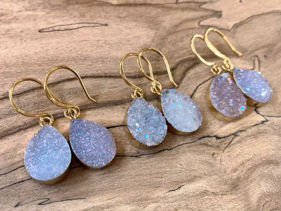 Raw Druzy Earrings Angel Aura Earrings Raw Druzy Jewelry Druzy Geode Earrings Dangle Drusy Earrings Angel Aura Quartz Earrings Bridesmaid