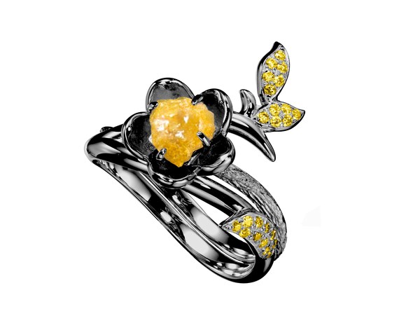 Raw Yellow Sapphire Ring + Yellow Diamond Band Wedding Ring Set / Engagement Ring Set. Black Dipped 14k Gold Bridal Ring Set. Unique Rings.