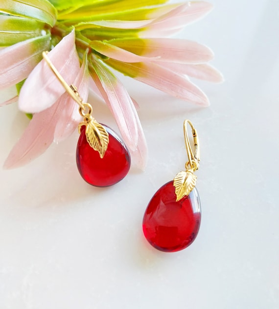 Red Amber Droplet Earrings, Gold Plated Turkish 925 Sterling Silver Fitting And Lever Back Closure, Amber Jewelry, Anniversary Gift