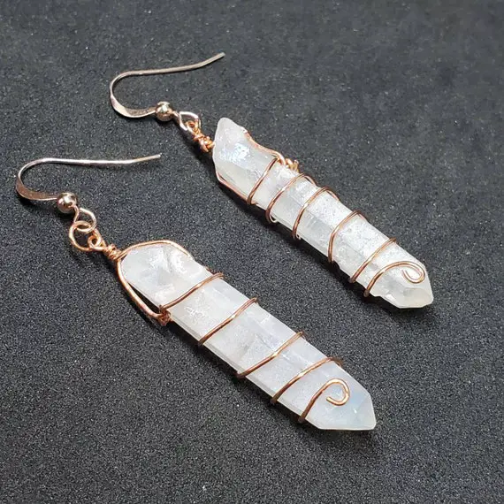 Rose Gold Filled Angel Aura Quartz Earrings, Raw Quartz Points, Copper Wire, Raw Cystal Earrings, Pagan, Witchy, Boho, Hippie, Gift For Mom