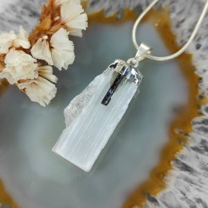 Shop Selenite Pendants! Natural Selenite & Black Tourmaline Pendant | Natural genuine Selenite pendants. Buy crystal jewelry, handmade handcrafted artisan jewelry for women.  Unique handmade gift ideas. #jewelry #beadedpendants #beadedjewelry #gift #shopping #handmadejewelry #fashion #style #product #pendants #affiliate #ad