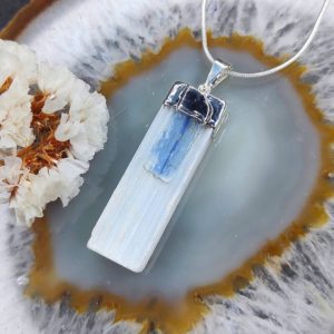 Shop Selenite Pendants! Rough Selenite & Kyanite Pendant | Natural genuine Selenite pendants. Buy crystal jewelry, handmade handcrafted artisan jewelry for women.  Unique handmade gift ideas. #jewelry #beadedpendants #beadedjewelry #gift #shopping #handmadejewelry #fashion #style #product #pendants #affiliate #ad