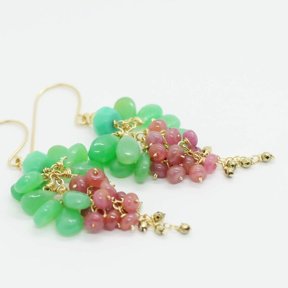 Ruby And Chrysoprase Earrings, Gemstone Earrings, Dangle Multi Gemstone Earrings, Green Gems Earrings, Ruby Earrings