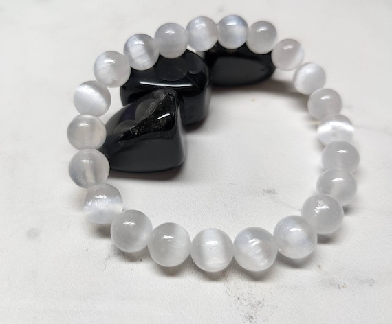 Selenite Bracelet, Crystal Bracelet, Gemstones, Cleansing Stone, 8mm Aaa Round Bead Bracelet, Gemstone Bracelet Healing Stones