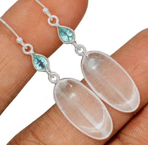 Selenite Earrings With Clear Silky White Selenite Oval Gems And Blue Topaz, Bezel Set In Sterling On Sterling Ear Wires