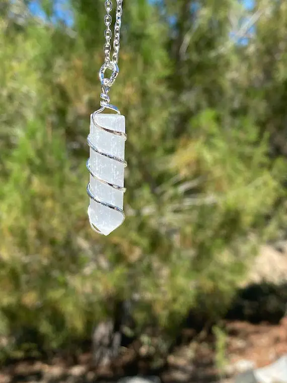 Selenite Pendant, Crystal Necklace,  Protection Necklace, Selenite Necklace, Coil Wrapped Pendant, Protection Jewelry, Selenite Jewelry