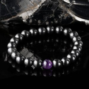 Shungite bracelet with a single Amethyst bead, 4G 5G EMF Protection and Healing, genuine Karelian shungite | Natural genuine Array bracelets. Buy crystal jewelry, handmade handcrafted artisan jewelry for women.  Unique handmade gift ideas. #jewelry #beadedbracelets #beadedjewelry #gift #shopping #handmadejewelry #fashion #style #product #bracelets #affiliate #ad