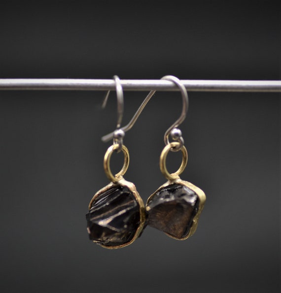 Shungite Rock Earrings Wrapped With Hand Soldered Brass Suspended From A Stainless Steel Hooks (or Brass Or 925 Silver Hooks)