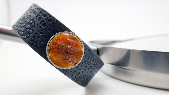 Silver Amber Cuff, Amber Bracelet, Sterling Silver Bracelet, Wide Silver Cuff, Black Silver Cuff, Etched Silver Bangle, Floral Texture Cuff