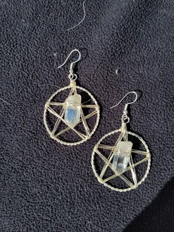 Silver And Angel Aura Quartz Pentagram Earrings