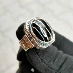 Shop Jet Rings! UNIQUE Black Jet Stone Silver Ring, Original Hand Engraved Gravur 925 Sterling Heavy Silver Ring, Vintage Man Ring -Gift for Him-22gr! | Natural genuine Jet rings, simple unique handcrafted gemstone rings. #rings #jewelry #shopping #gift #handmade #fashion #style #affiliate #ad