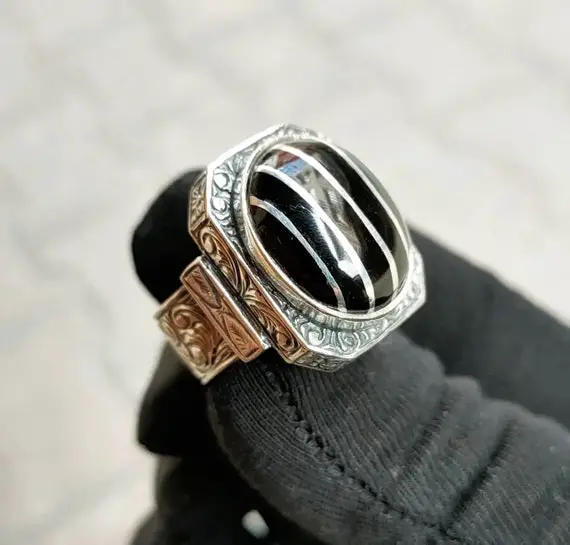 Real Black Jet Stone Silver Ring, Original Hand Carved 925 Sterling Silver Ring, Vintage Man Ring Luxury Valentine's Day Gift For Her -22gr!