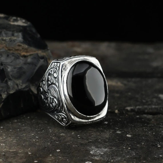 Black Jet Stone Silver Ring, Original Gemstone Hand Engraved Gravur 925 Sterling Silver Ring, Luxury Valentine's Day Gift For Him - 22gr!