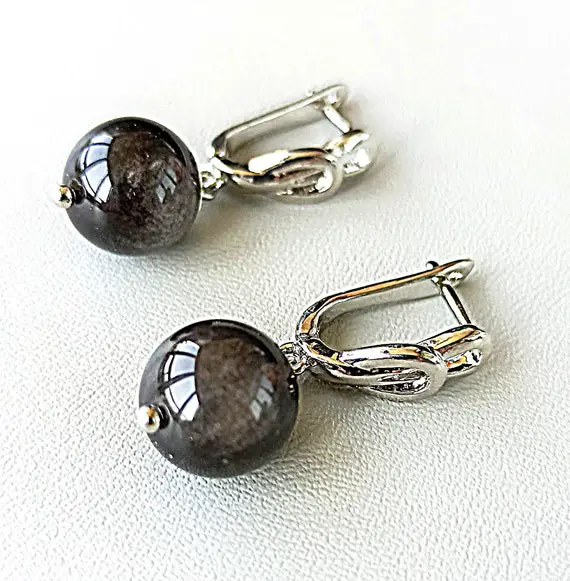 Silver Sheen Obsidian Earrings Gift For Women Real Black Gemstone Earrings Silver