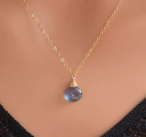 Simple Blue Green Fluorite Necklace, Solitaire Pendant Necklace, Gold Filled Chain, Dark Aqua, Single Stone, Wire Wrapped Jewelry For Her