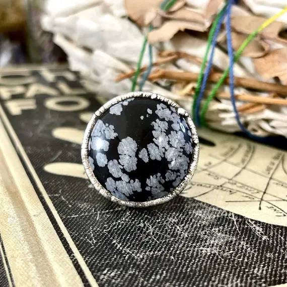 Size 6.5 Snowflake Obsidian Ring In Fine Silver / Foxlark Collection - One Of A Kind / Big Crystal Ring Witchy Jewelry / Gothic Jewelry
