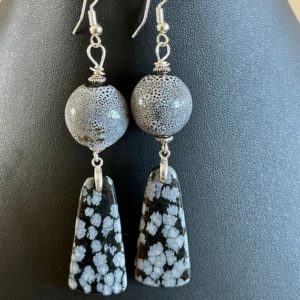 Shop Snowflake Obsidian Earrings! Snowflake obsidian earrings with Ceramic bead. Grey and black | Natural genuine Snowflake Obsidian earrings. Buy crystal jewelry, handmade handcrafted artisan jewelry for women.  Unique handmade gift ideas. #jewelry #beadedearrings #beadedjewelry #gift #shopping #handmadejewelry #fashion #style #product #earrings #affiliate #ad