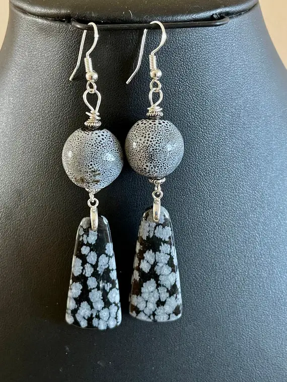 Snowflake Obsidian Earrings With Ceramic Bead. Grey And Black