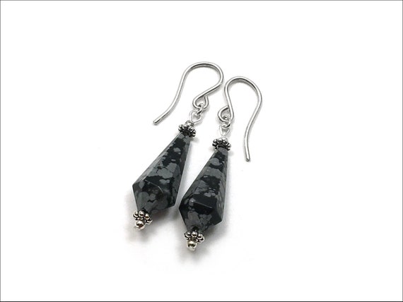 Snowflake Obsidian Earrings - Faceted Obsidian With Sterling Silver Bali-style Spacer Beads