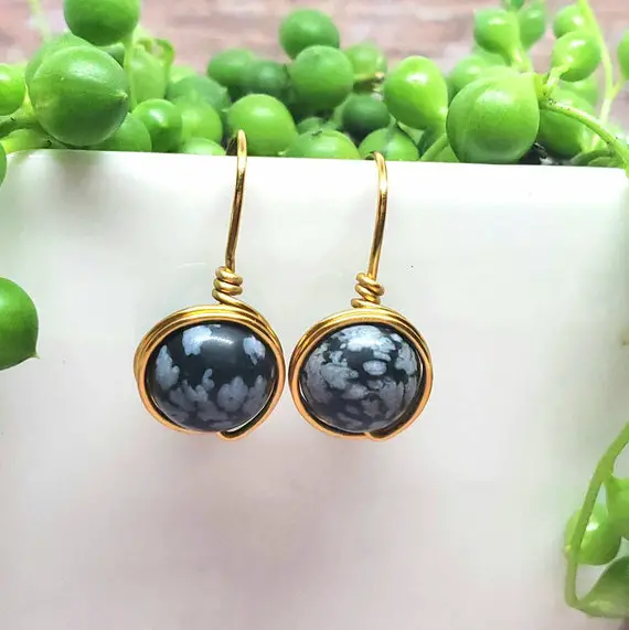 Snowflake Obsidian Earrings Gold, Unique Gemstone Jewelry, Boho Earrings Dangle, Root Chakra Jewelry, Metaphysical Gifts, Grounding Jewelry