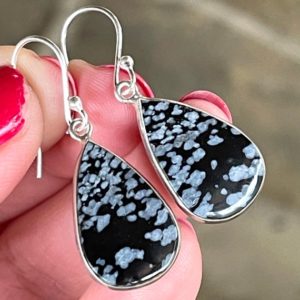 Shop Snowflake Obsidian Earrings! Snowflake, Obsidian, Earrings, In Sterling Silver | Natural genuine Snowflake Obsidian earrings. Buy crystal jewelry, handmade handcrafted artisan jewelry for women.  Unique handmade gift ideas. #jewelry #beadedearrings #beadedjewelry #gift #shopping #handmadejewelry #fashion #style #product #earrings #affiliate #ad