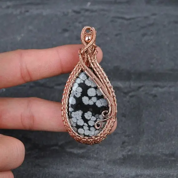 Snowflake Obsidian Pendant Copper Wire Wrapped Pendant Gemstone Pendant Copper Jewelry Handmade Pendant Obsidian Jewelry Gift For Her Mother