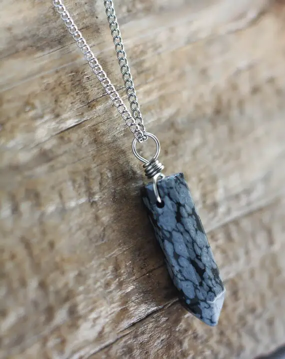 Snowflake Obsidian Pendant, Stainless Steel, Natural Polished Stone, Black And Silver Point Necklace, Gift For Him Or Her, Unisex