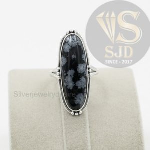 Snowflake Obsidian Ring, 925 Sterling Silver, Snowflake Obsidian Ring, 10×30 mm Long Oval Gemstone Ring, Silver Ring, Womens Ring, Boho Ring | Natural genuine Gemstone rings, simple unique handcrafted gemstone rings. #rings #jewelry #shopping #gift #handmade #fashion #style #affiliate #ad