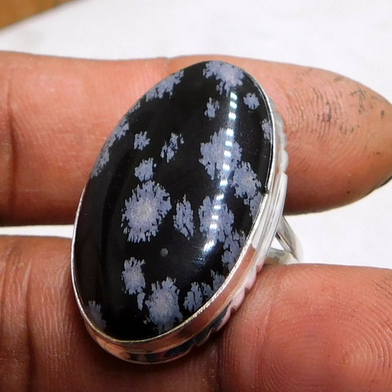 Snowflake Obsidian Ring. Black And White Gemstone Ring. Large Obsidian Silver Ring,925 Stacking Gemstone Band