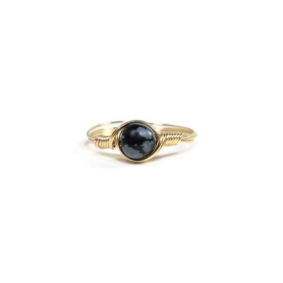 Snowflake Obsidian Ring, Stone Ring, 14k Yellow Gold Fill Ring, Wire Wrapped Ring, Custom Sized Ring