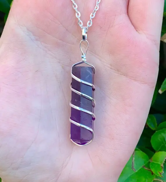 Spiral Wire Wrapped Amethyst Necklace, Wire Wrap Necklace, Crown Chakra, Healing Stone, Purple Necklace, Bridesmaids, Healing Gift