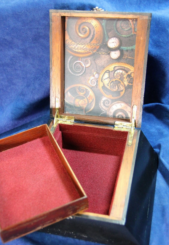 Steampunk Valet Box, Man's Jewelry Box, Bureau Box, Re-purposed Wooden Cigar Box, Decopauge, Ooak  (box No. 402)
